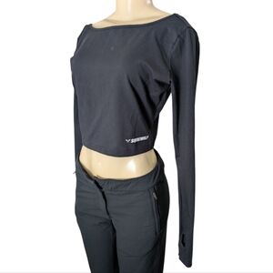 Squatwolf Warrior Cropped Scoop Neck Long Sleeve Thumb Holes Black Workout Top L